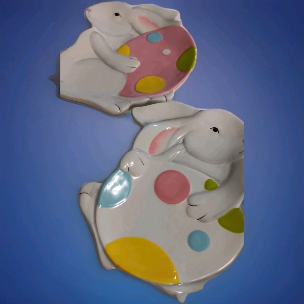 Set of TWO Pier 1 Bunny Shaped Plate Easter Hand Painted Ceramic Pastel..EUC
